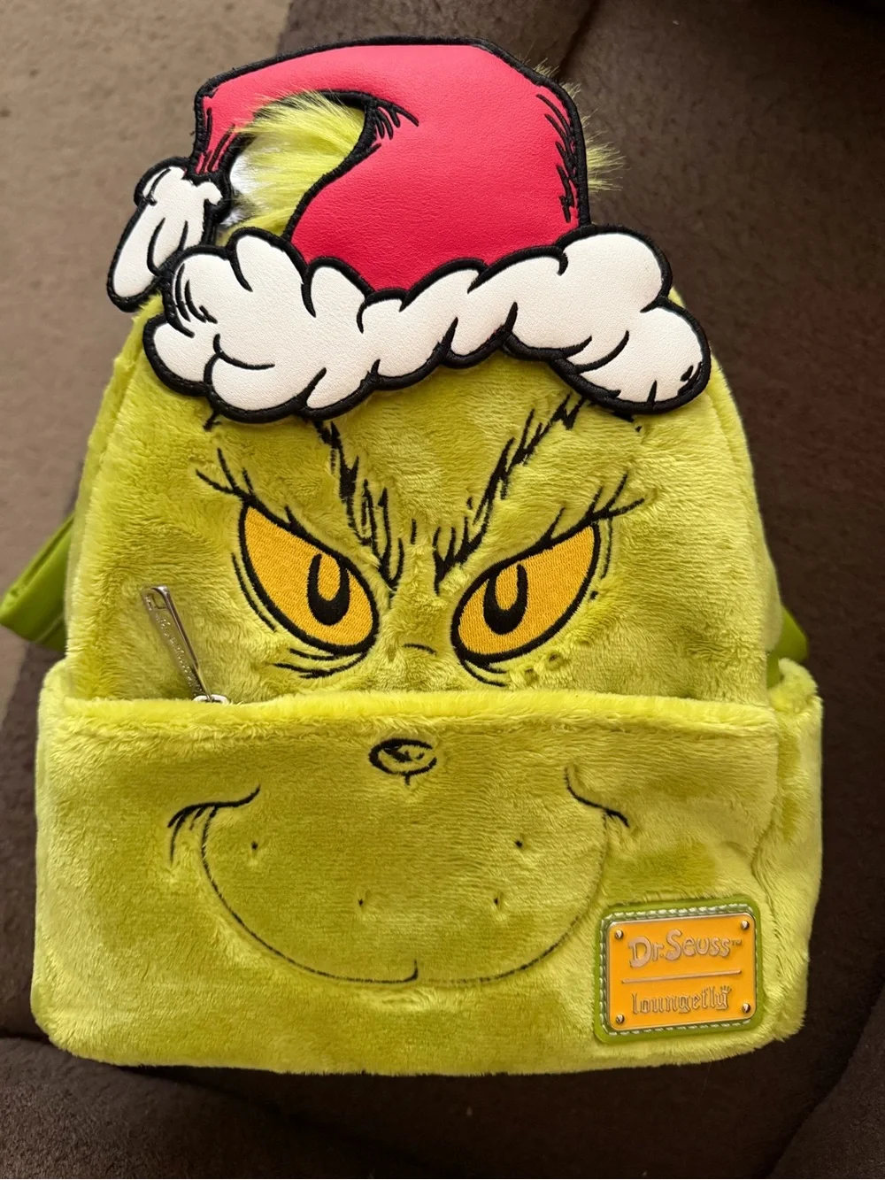 Loungefly Dr. Seuss Grinch Plush Backpack in Lime Green with Red Hat